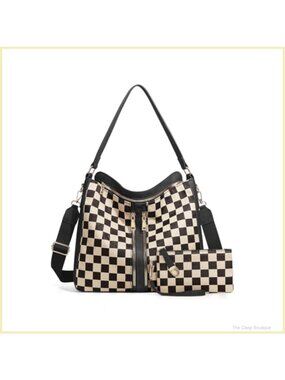 Checkered Hobo Crossbody Tote Purse PU Leather Canvas Adjustable Strap